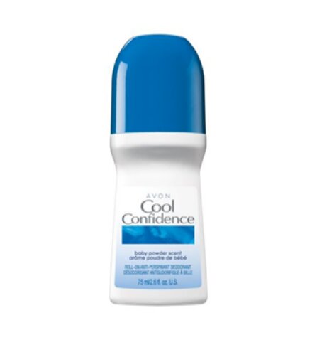 AVON COOL CONFIDENCE BABY POWDER SCENT (AZUL) - DESODORANTE ROLL-ON ANTITRANSPIRANTE 2.6 OZ (75 ML) - ENVASE DE PLÁSTICO
